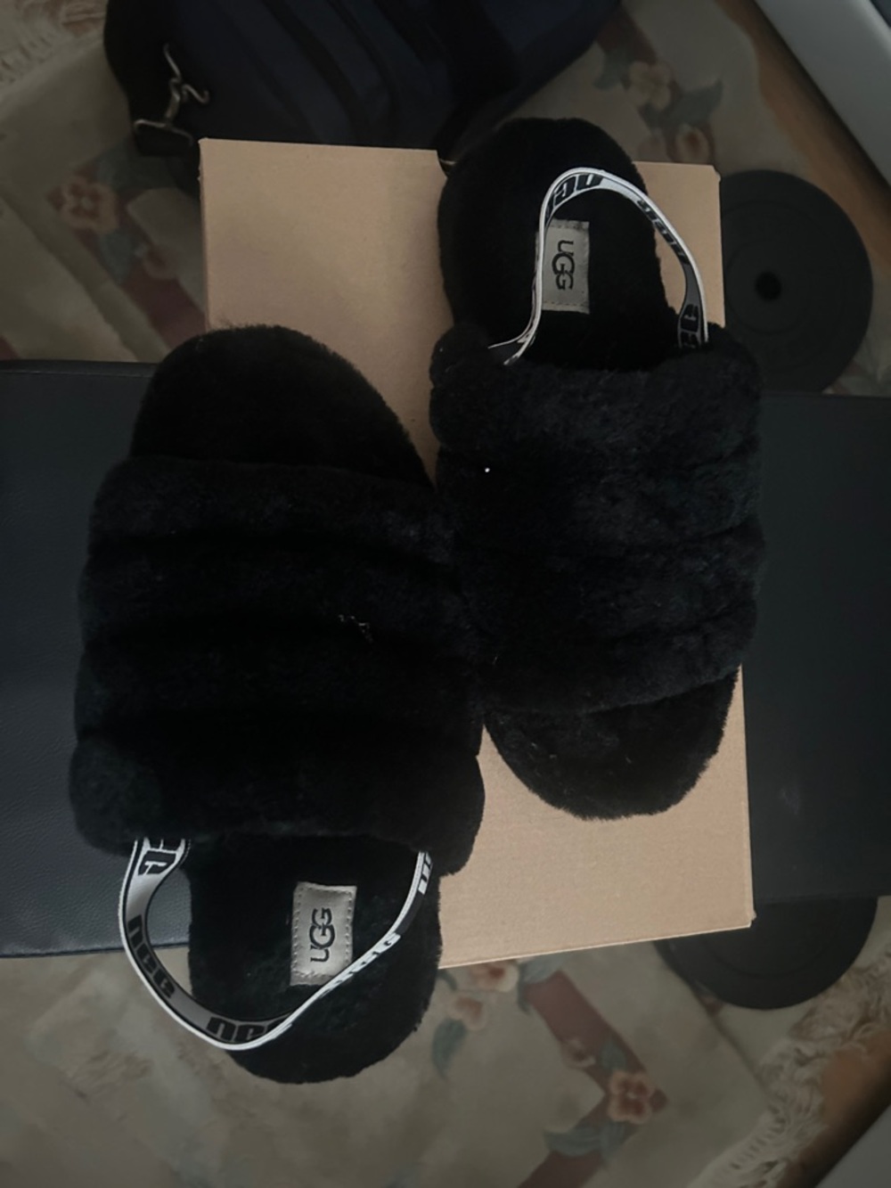 UGG Black Plush Slide Sandals with Branded Heel Strap